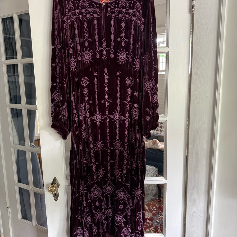 Johnny Was Velvet Embroidered Long Sleeve Maxi Dress - Plum